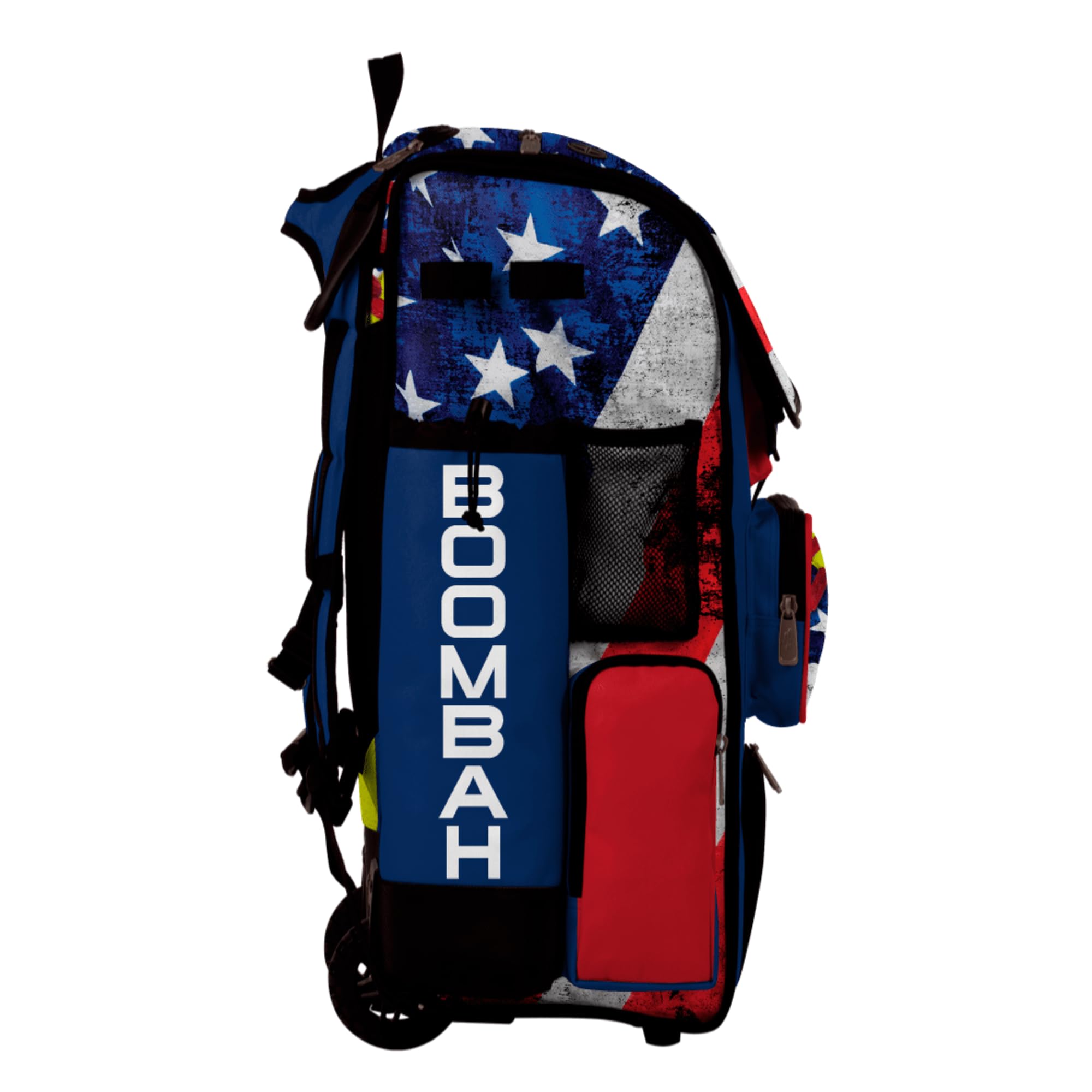 Boombah Superpack Hybrid Rolling Bat Bag - Wheeled & Backpack Version - USA Softball Royal Blue/Red/Optic Yellow