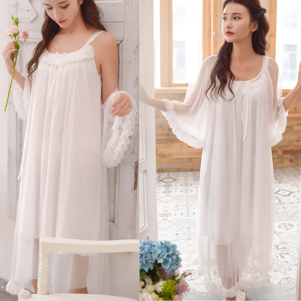Womens Sexy Vintage Loungedress Nightgown 2 pcs Victorian Sleepwear Nightshirt Girls Pajamas - Image 4