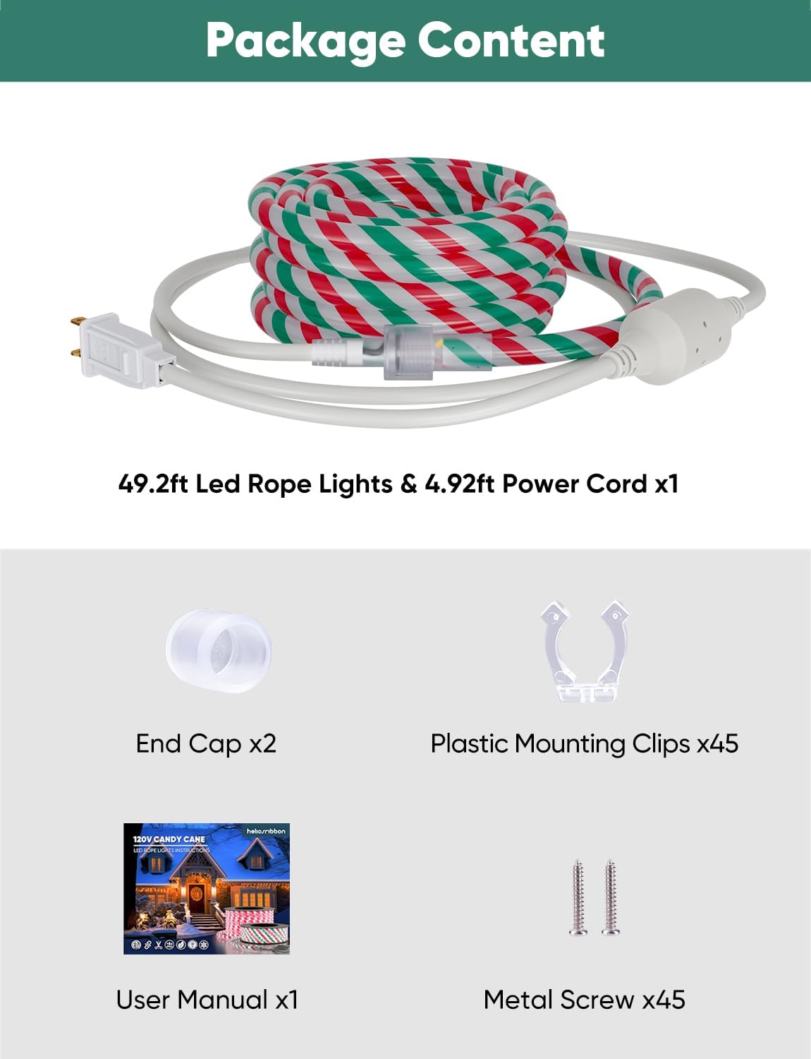 50FT Candy Cane Rope Lights, Christmas Led Rope Light Outdoor ETL Listed, Waterproof Tube Lighting Connectable and Cuttable, for Festival Porch Railing Pillar Garden Fence Xmas Tree, Green Red White