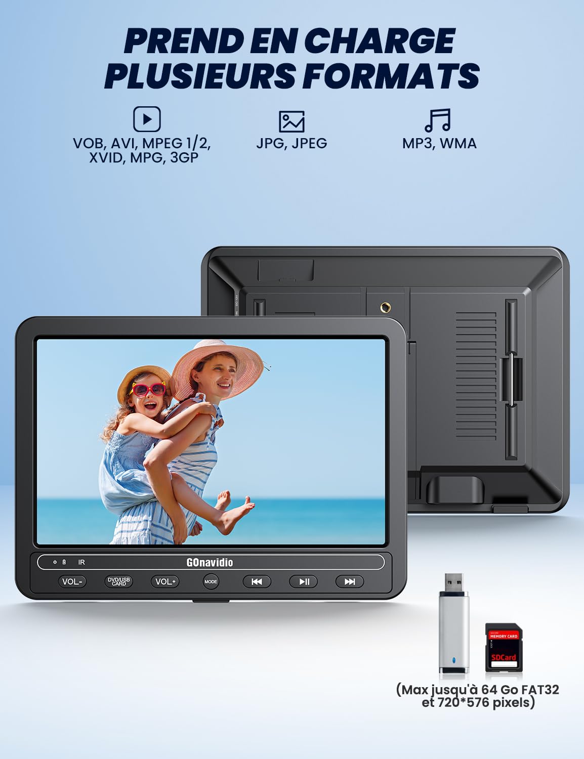 GOnavidio 10.5'' Lecteur DVD Portable HDMI Input, 2 écrans indépendants avec 5 Heures Batterie Rechargeable, Support USB/SD