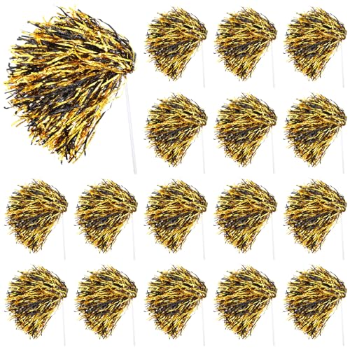 Vinsot 20 Pcs Black Gold Cheerleading Pom Poms Bulk Metallic Foil Pom Poms with Plastic Long Handles School Spirit Shakers for Spirit Sports Team Squad Dance Football Basketball Club Celebration