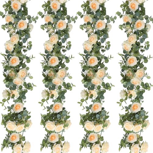 Riceshoot 4 Pack 26 Ft Artificial Eucalyptus Vines Garland with Flowers Flower Garland Silk Floral Garland Rose Garland for Wedding Party Arch Table Decor Backdrop Decorations (Champagne)