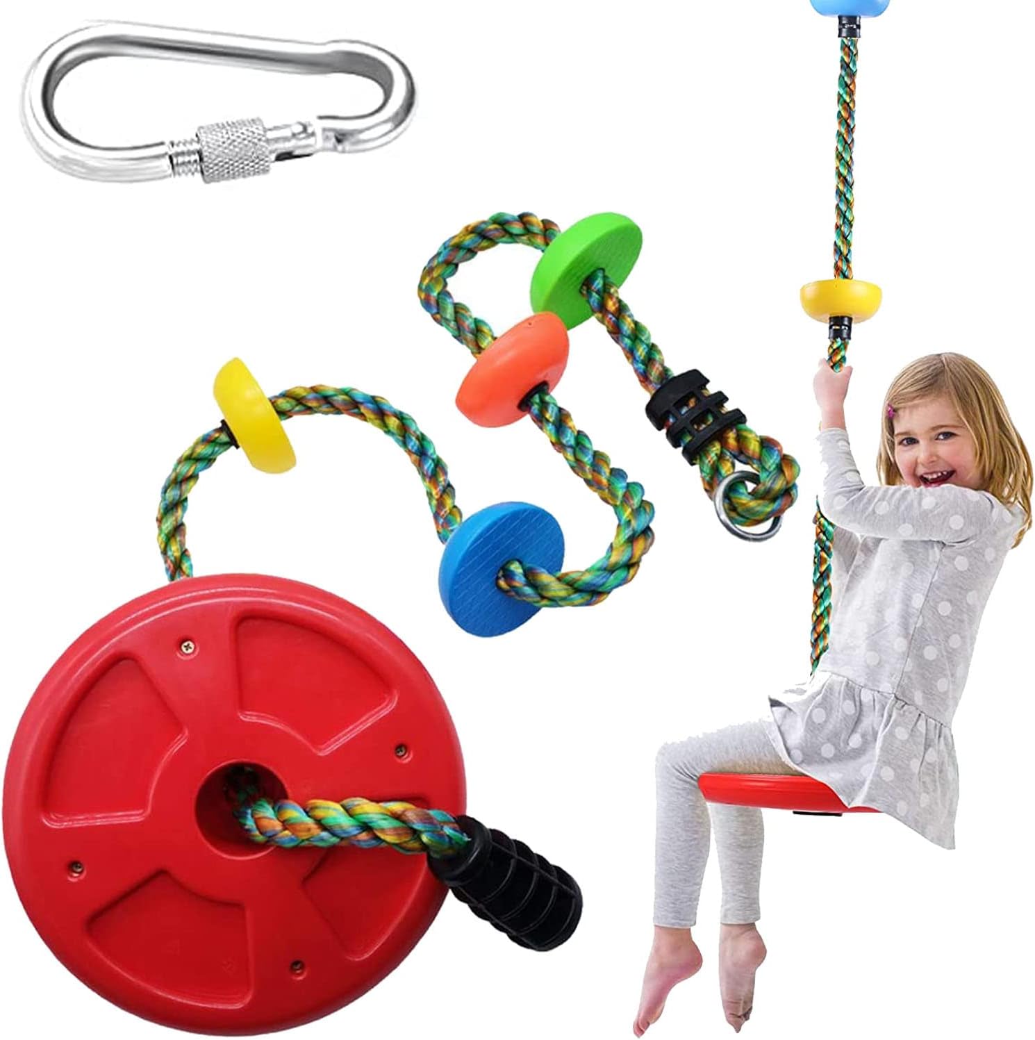Disc Swing for Kids, Climbing Rope Tree Swing with Platforms, w/Red Seat for Swinging, Outdoor Playground Set w/Carabiner, for Playground, Backyard, Treehouse Accessories