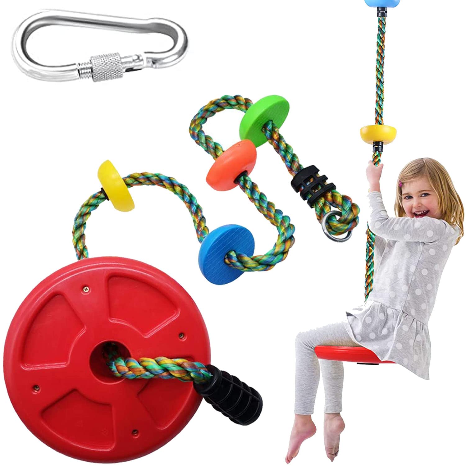 Disc Swing for Kids, Climbing Rope Tree Swing with Platforms, w/Red Seat for Swinging, Outdoor Playground Set w/Carabiner, for Playground, Backyard, Treehouse Accessories