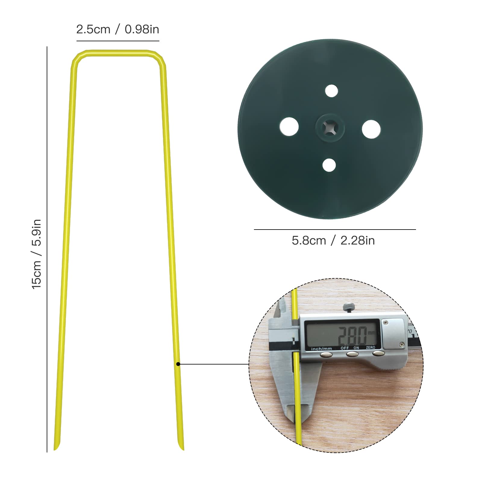 AGAKY Picchetti Telo Pacciamatura, 40 Picchetti in Acciaio Giallo e 40 Rondelle, Chiodi per Prato Sintetico, Irrigazione, Rete, Serra, 150 x 25 mm, Ø 2,8 mm