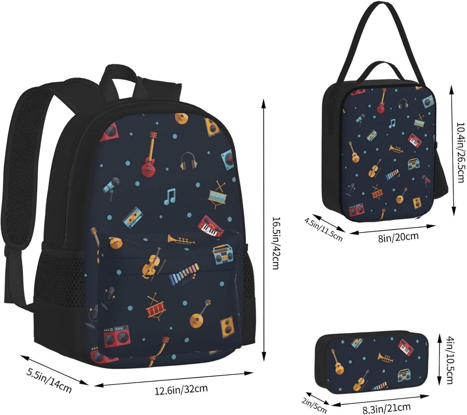 Guitar Violin Musical Instrument Pattern 3 Piece Backpack Sets With Lunch Bag Pencil Case Combination Hiking Travel Work