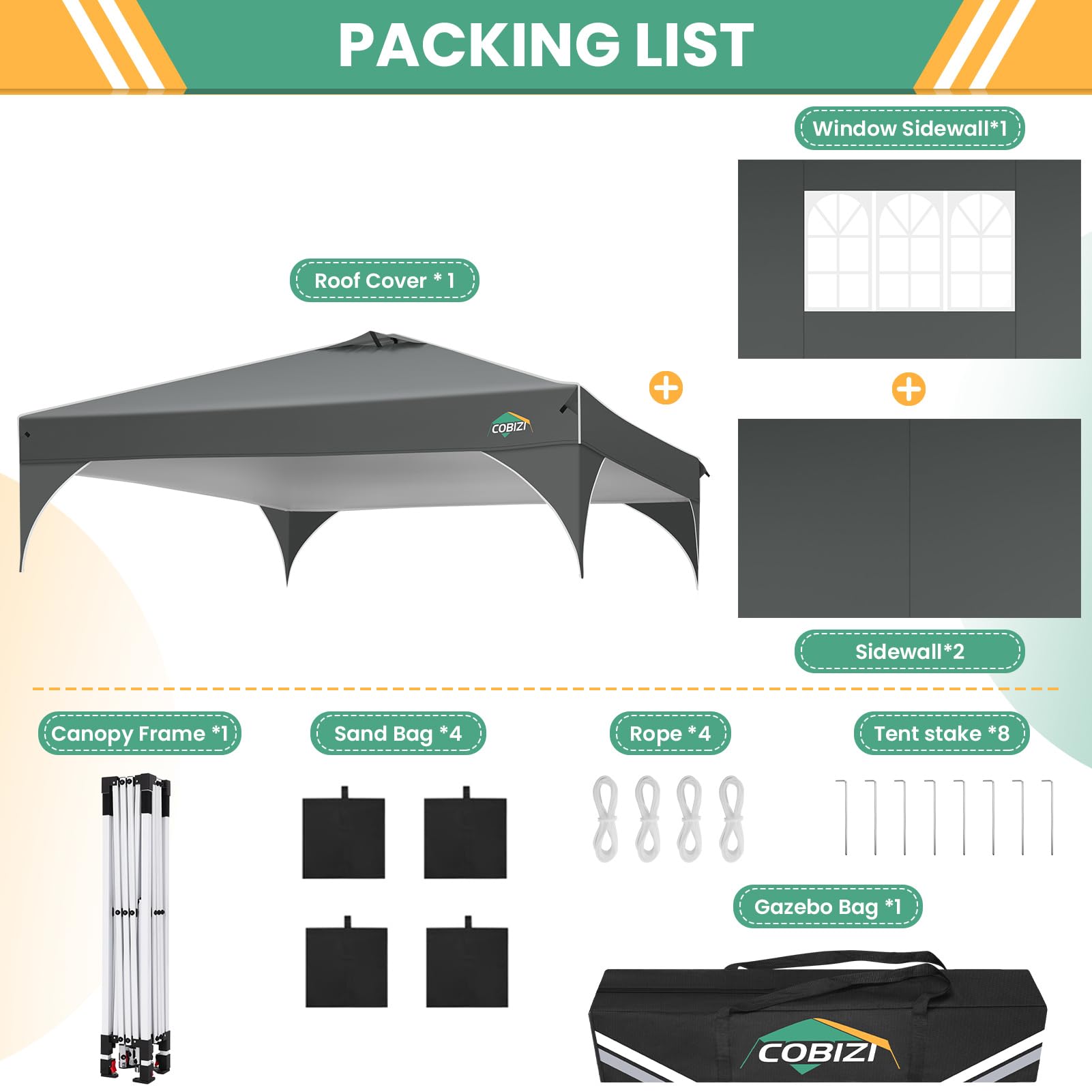 COBIZI Carpa Plegable 3x3 Carpas de Camping Impermeables | Carpas para Exteriores con Ventilaciones, Tubos Fluorescentes y 4 Sacos de Arena | Cenador Plegable Altura Ajustable,UFP 50+
