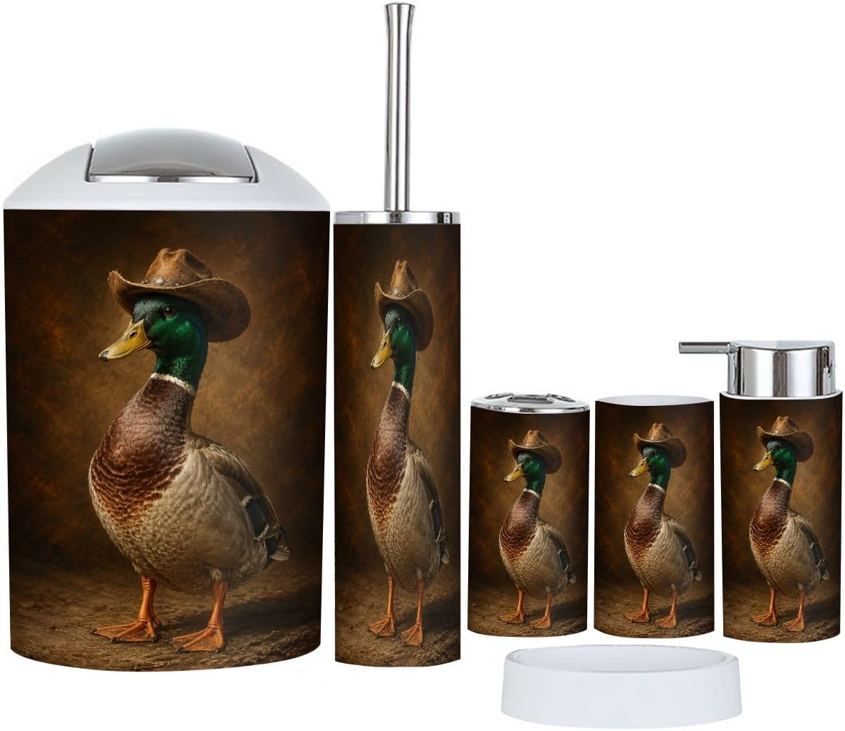Bathroom Accessories Set 6 Pcs Mallard Duck Wearing Cowboy Hat Rustic Brown Toothbrush Holder Cup Soap Dispenser Soap Dish Toilet Brush Holder Trash Can for Countertop Decor
