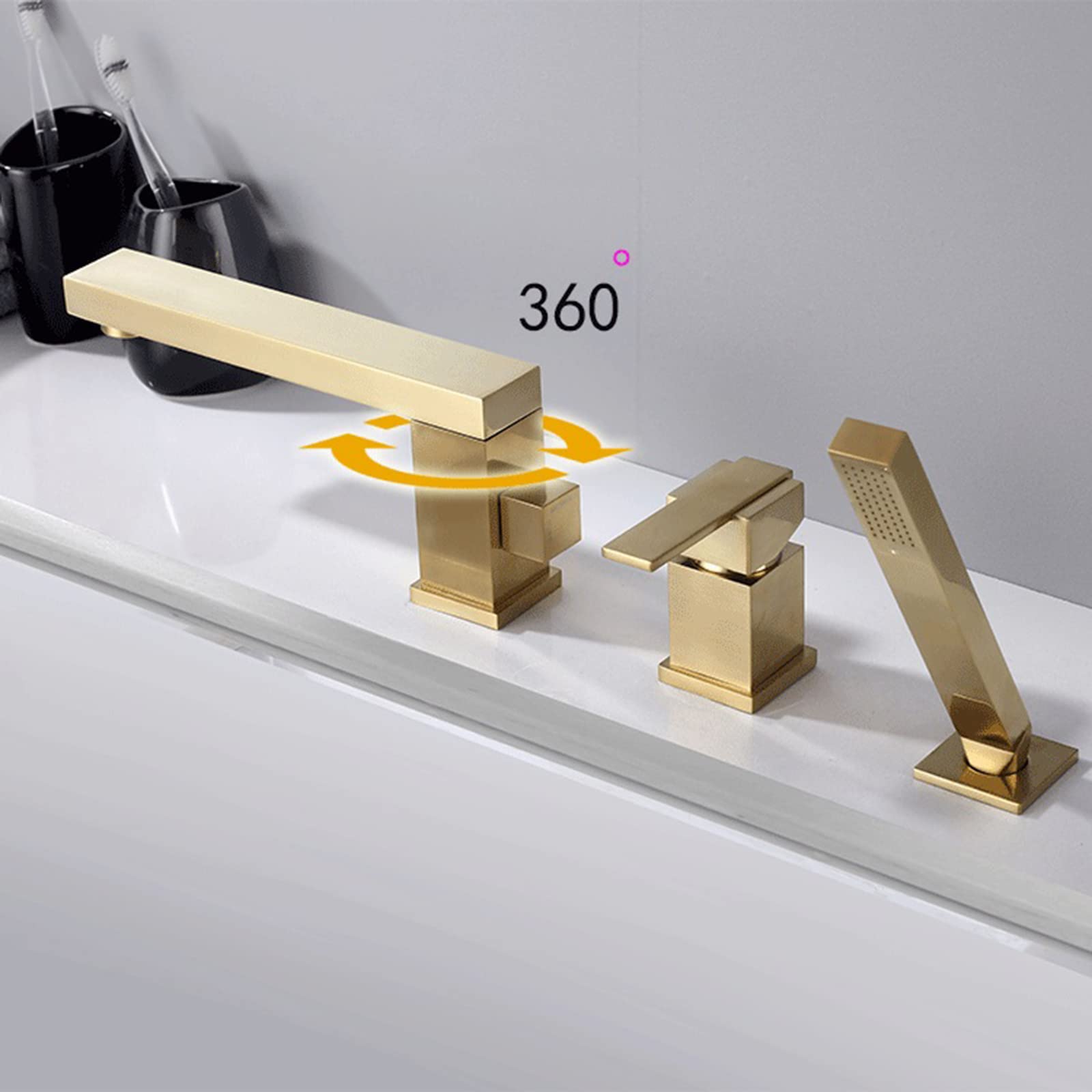 Grifo Mezclador de Ducha de baño de 3 Orificios con Ducha de Mano, Cabezal de Ducha y Juego de Manguera para grifos de baño, Oro Cepillado