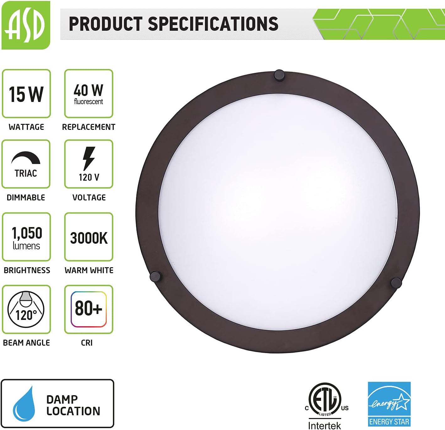 ASD 12 Inch LED Flush Mount Ceiling Light, 15W (120W Equivalent), 1050 Lm, Dimmable Close to Ceiling Light Fixture for Kitchen Hallway Laundry, Oil Rubbed Bronze, 3000K, Energy Star, ETL (4 Pack) - - 