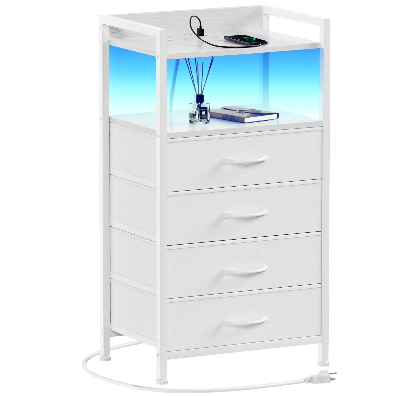 Furnulem White Nightstand with Charging Station, Night Stand Side Table with Led Light, Tall Dresser for Bedroom with 4 Fabric Storage Drawers, Metal Frame, Wood Shelf(White)The Forest Stewardship Council
