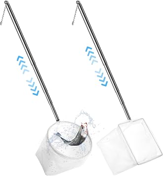 Nogeqi 2 Pcs Fish Net Aquarium, Fish Net for Fish Tank, Aquarium Net with Extendable Long Handle, Fine Mesh Small Fish Nets for Shrimp & Bettas Aquarium Accessories Square and Round