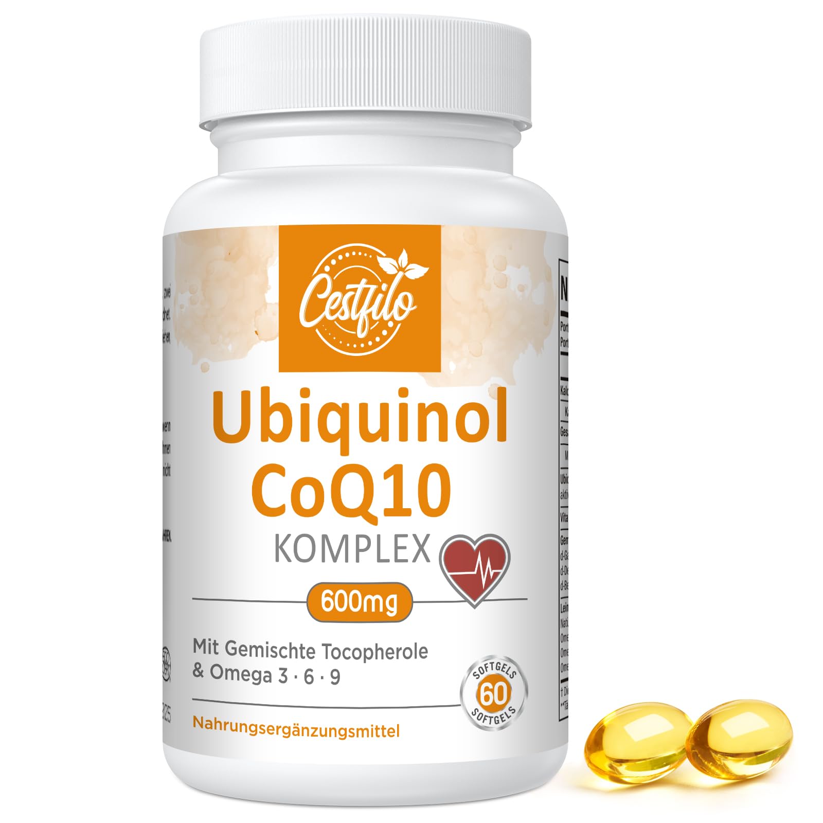 Ubiquinol CoQ10 600 mg Softgelkapseln - Aktive Form von CoQ10 Plus Vitamin E & Omega 3 6 9 - Fortschrittliches Coenzym Q10