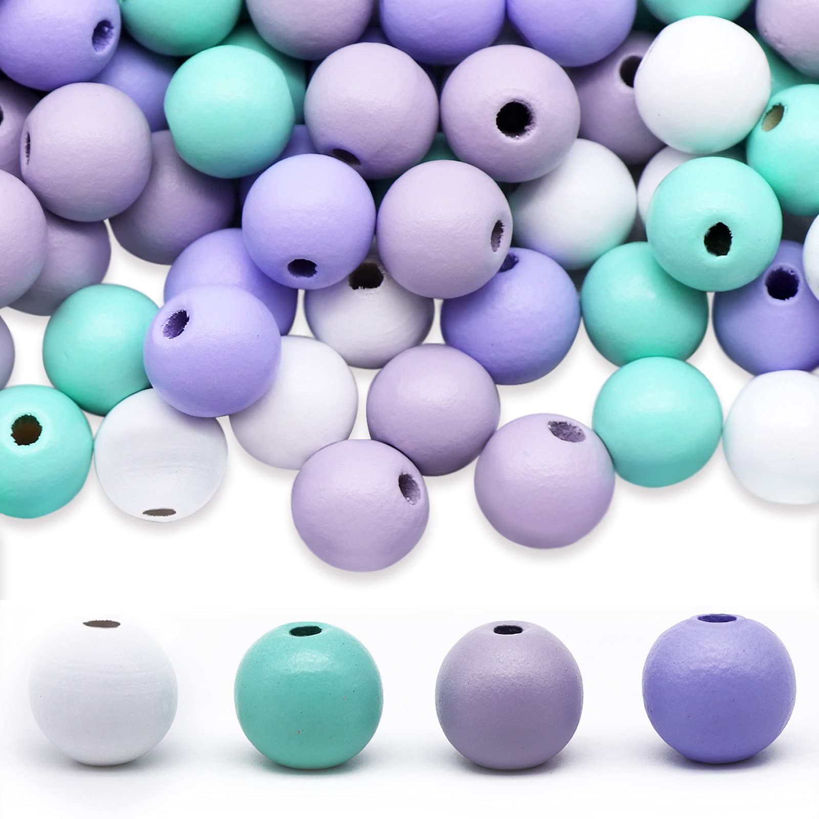 200 Pieces Wooden Beads 16mm Mermaid Theme Colorful Round Wooden Craft Bead Large Hole Loose Spacer Beads for DIY Jewelry Garland Decor, 4 Colors