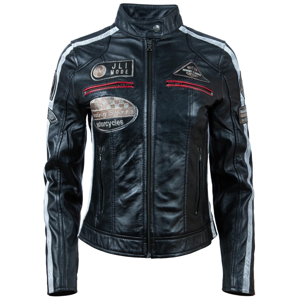 Aviatrix Women's Black Super-Soft Real Leather Band Collar Patch Fashion Biker Jacket (Qooc) 2XL