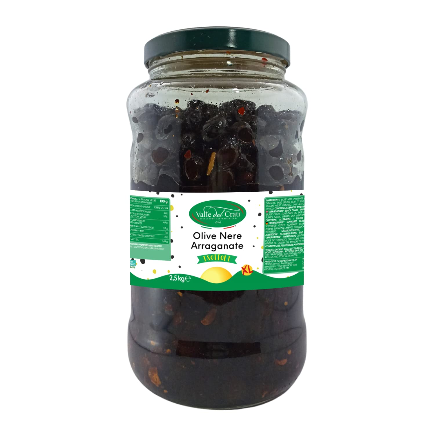 Valle del Crati Olive Nere Arraganate XL | Olive Infornate Sottolio con Spezie Calabresi | Ideale per Antipasti Panini Pizze Aperitivi e Condimenti | Vaso da 2.5 Kg
