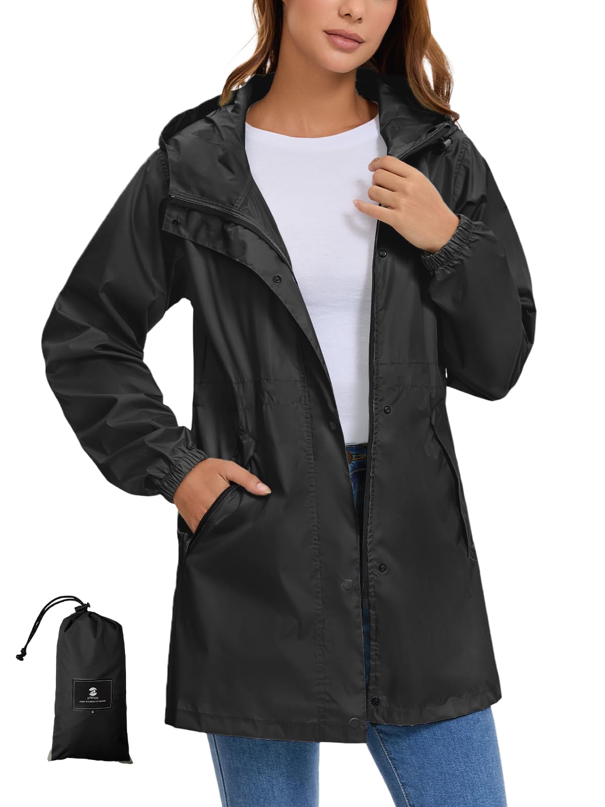 Women's Lightweight Long Rain Jacket Packable Raincoat Hooded Outdoor Trench Coats-image-8