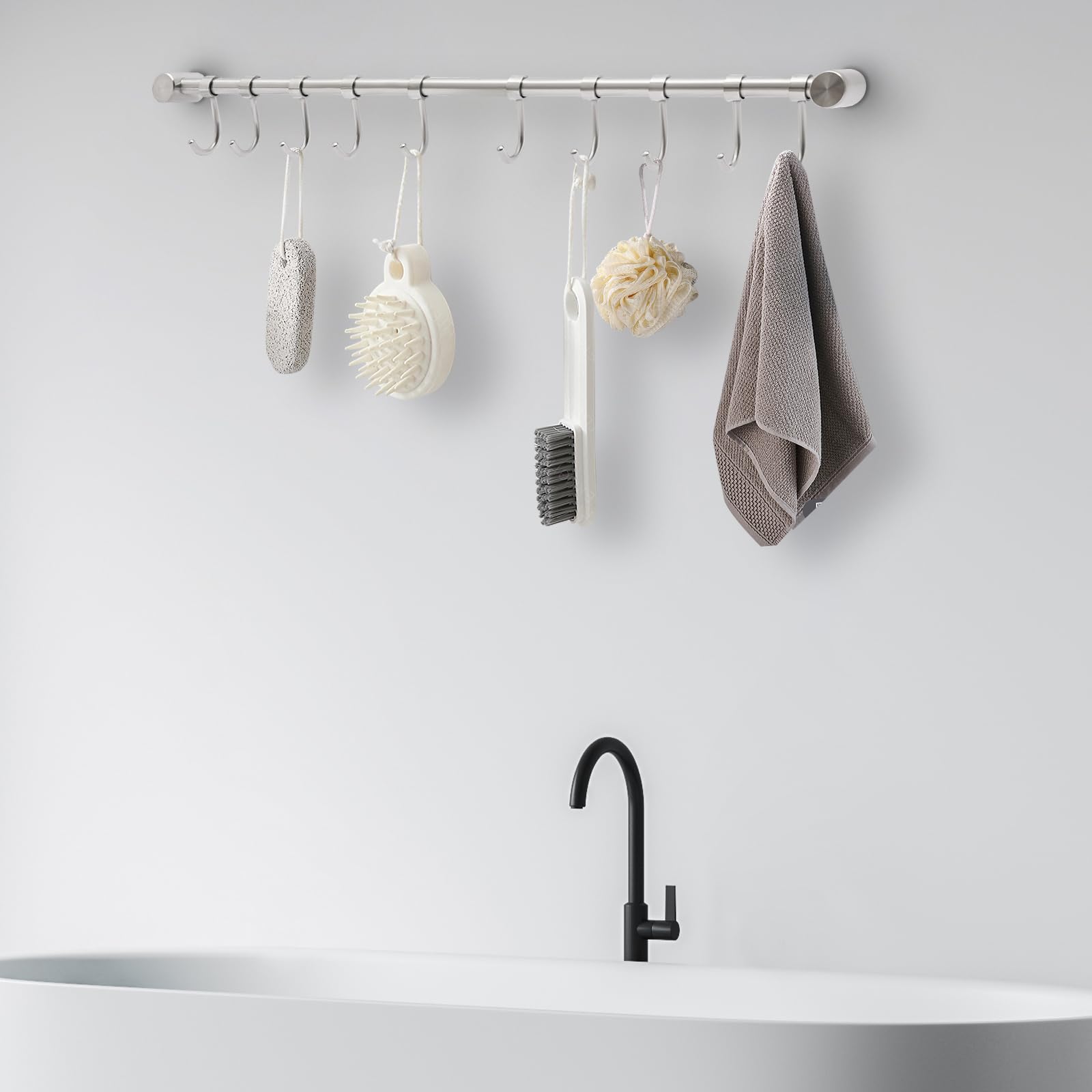 RABEEXP 20 Inch Kitchen Hanging Racks 304 Stainless Steel Rail Utensil Storage Hanger with 10 Pcs Sliding Hooks, Wall Mounted Rod Holder for Pots Pan Spatula Spoon Cookware, Silver