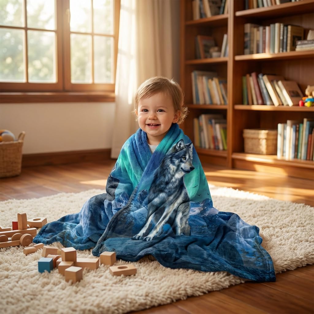 Wolf Blanket for Kids 50"x 60", Moon Forest Mountain Throw Blanket, Wolf Gifts for Women Men, Blue Teal Soft Cozy Lightweight Flannel Throws Blankets for Couch Bed Sofa Chair Decor - Image 4