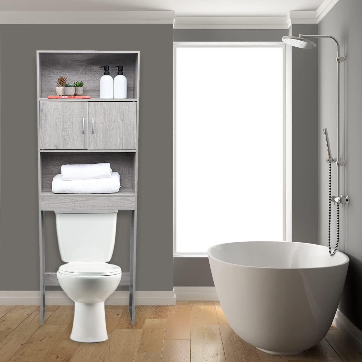 Space Saver for Bathroom (Grey), by Home Basics | MDF Bathroom Space Saver with Three Shelves and Cabinet Doors | Toilet Saver for Towels, Toilet Paper, Beauty Supplies, and Décor
