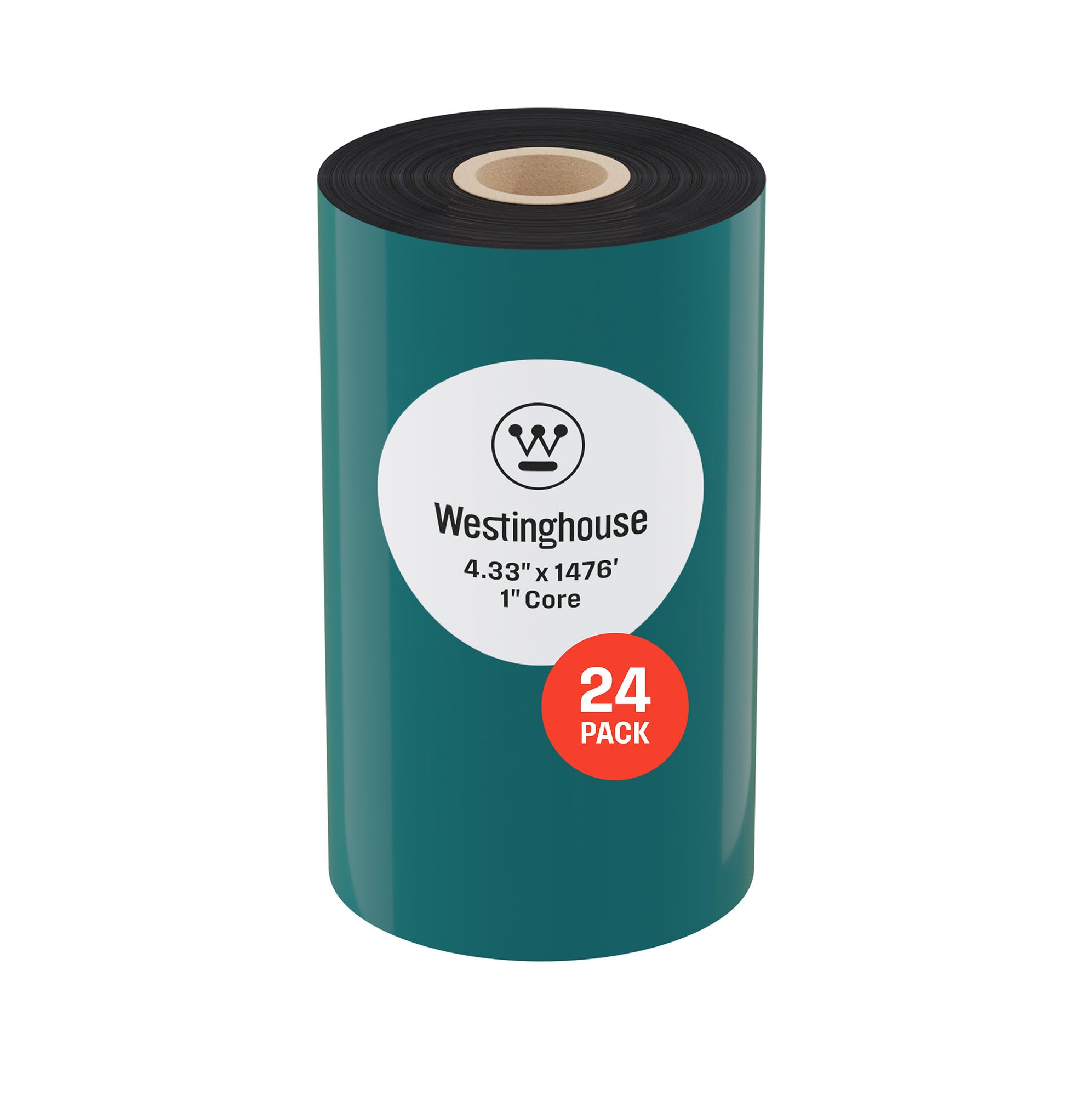 Westinghouse Cinta de transferencia térmica, negra, 24 rollos, núcleo de 1 pulgada, 4.33 pulgadas x 1476 pies, cera premium, mejorada con resina, cinta de cera lateral de tinta para impresoras