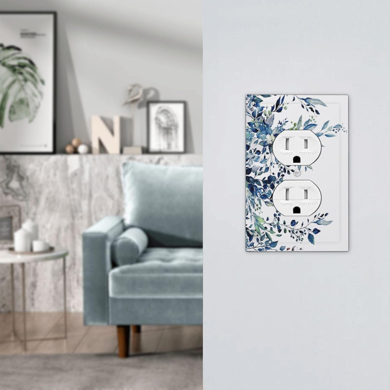 Blue Eucalyptus Watercolor Plant Leaves Floral 1 Gang Duplex Outlet Covers Faceplate Decorative Light Switch Cover Plate Single Electrical Wall Plate Receptacle Switchplate for Country Bathroom Decor