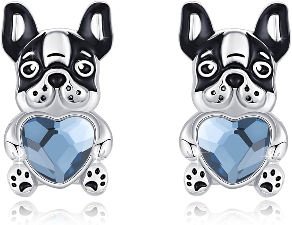 Sterling Silver Crystal Bulldog, Yorkie & Corgi Dog Earrings - Moonstone Studs - Hypoallergenic Gift for Women
