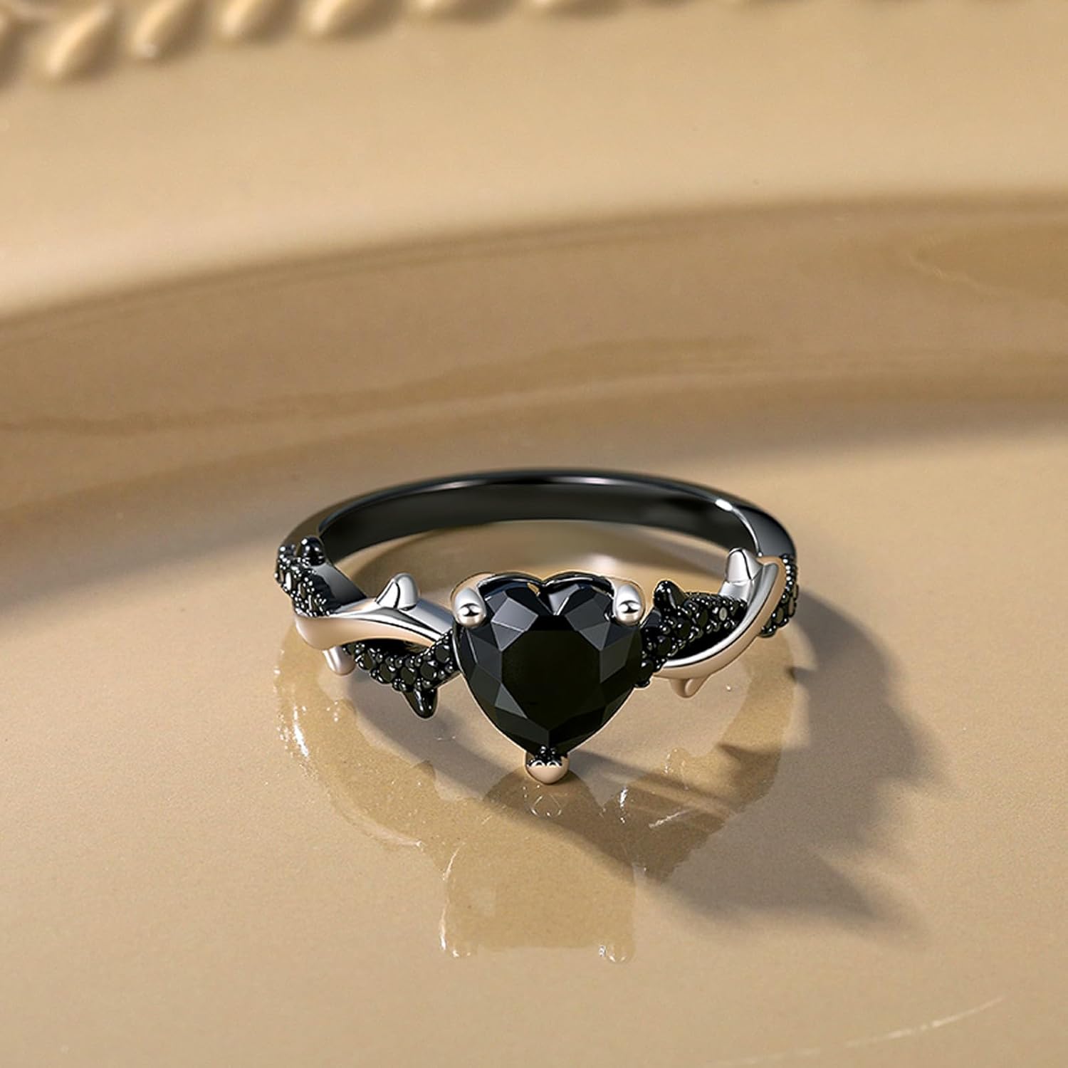 Jeulia Black Heart Engagement Ring, Sterling Silver Halo Wedding Band with Twisted Thorn Design, Anniversary Promise Ring for Women in Gift Box