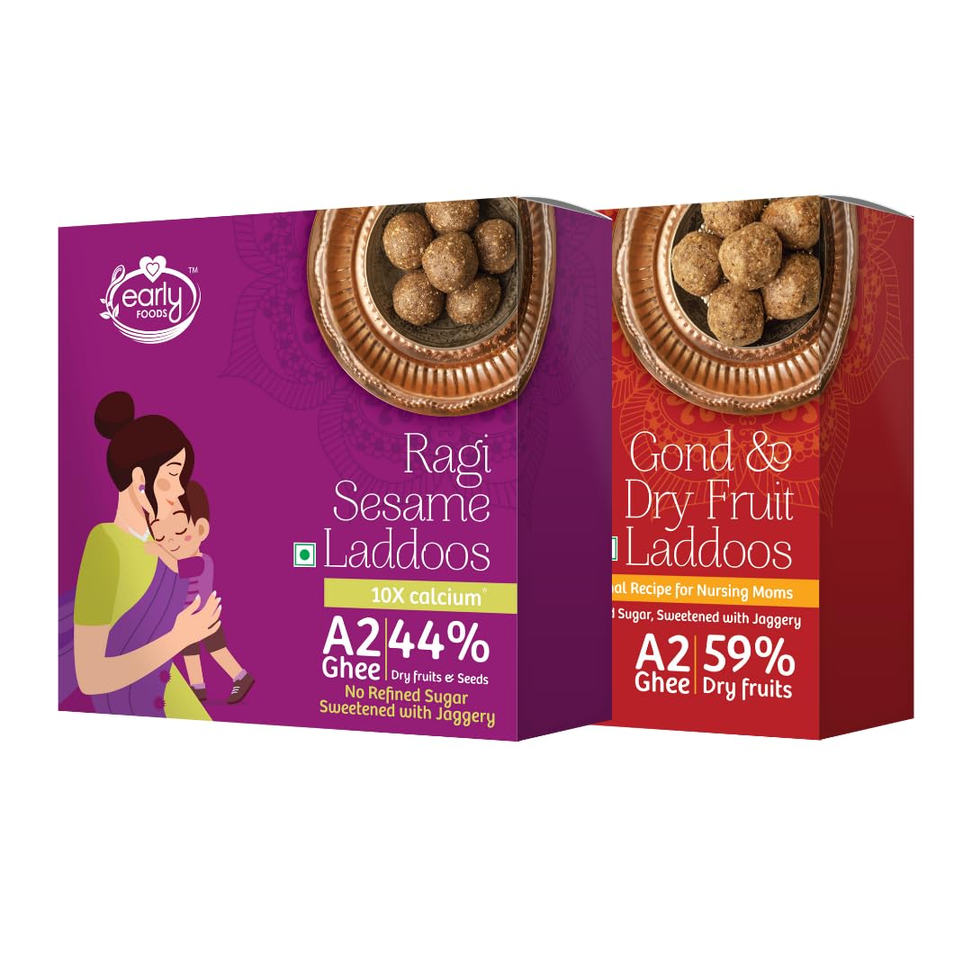 Early Foods Assorted Pack of 2: A2 Ghee Ragi Til Laddu & Gond Laddu with Jaggery | Gond Ke Laddu | Desi Ghee Dink Laddu | postpartum ladoo | Sugar Free Laddu (B0CWLL3Q1G) Amazon Price History, Amazon Price Tracker