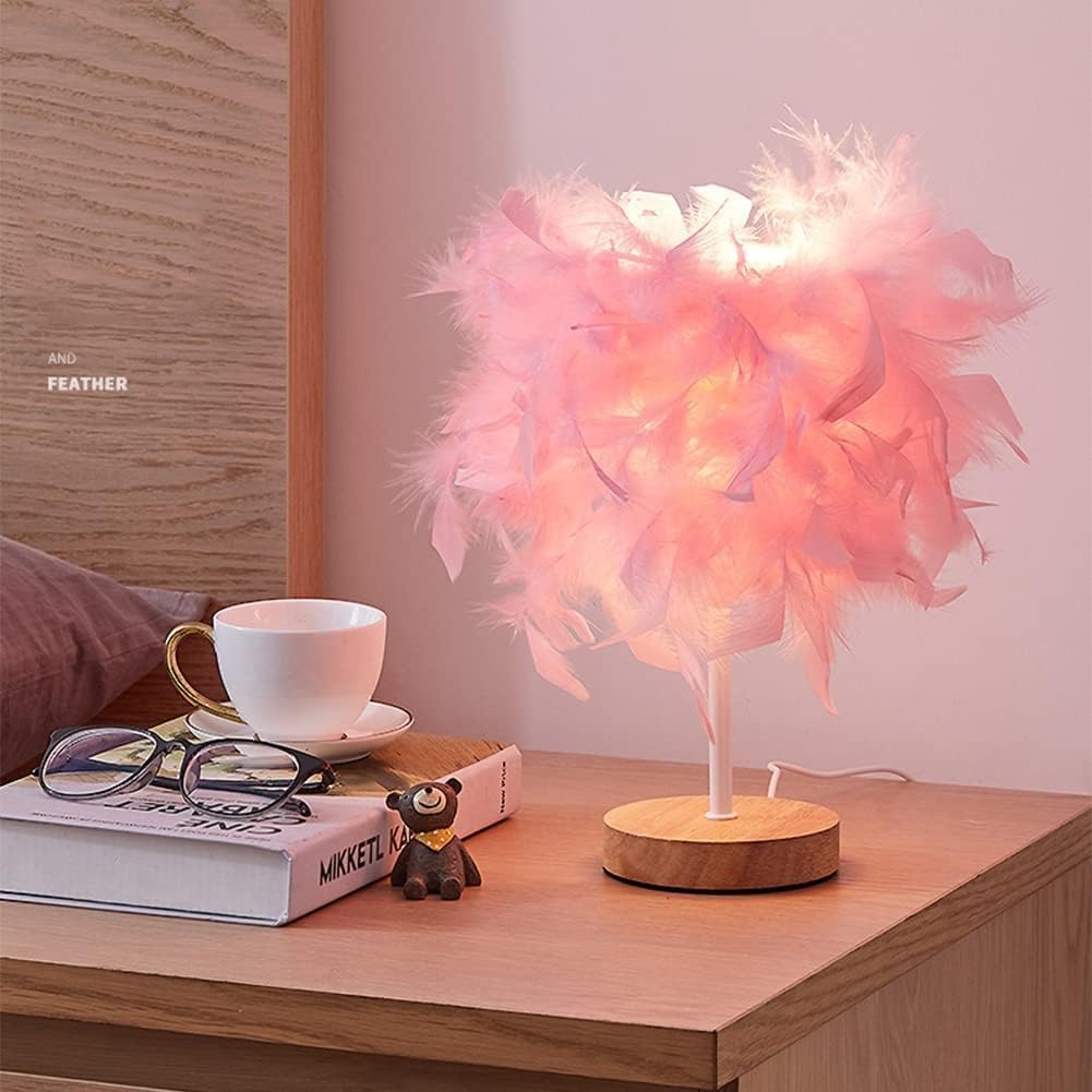 Modern Luxury Ostrich Lamp Table Lamp Ostrich Feather Table Light Romantic Princess Bedroom Lamp Office Lamp, with LED Bulbs, Resin Feather Lamp,Pink