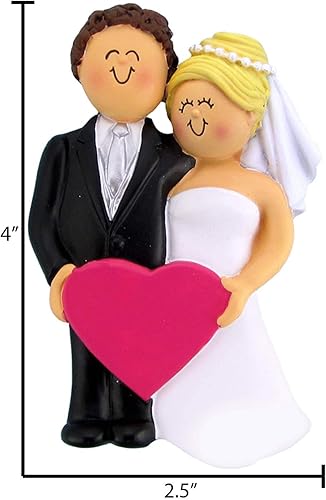 Miniatura 2 de Adorno personalizado de boda de novia rubia con corazón rosa 2023  Nuestro primer adorno navideño casado 2023 regalos para novia y novio para
