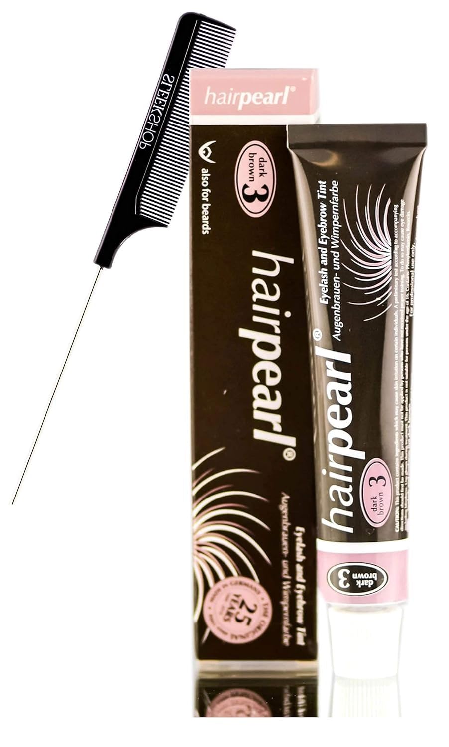 Hairpearl Original Hair Pearl TINT Color Dye for Iashes and broows (w/ Sleek Steel Pin Rat Tail Comb) PPD-Free Haircolor Hair Tinting, Made in Germany (No 5 Natural)