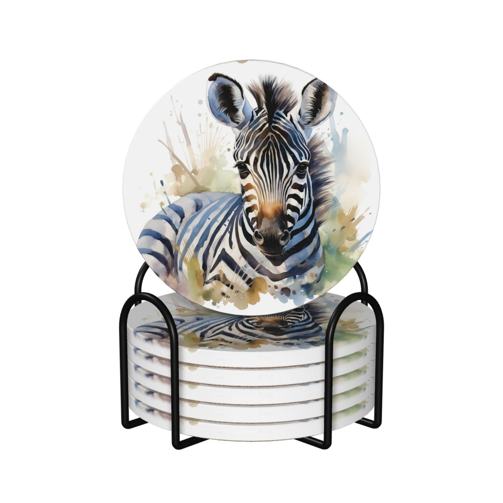 6Pcs Ceramics Coaster for Drinks, Cute Zebra Watercolor Cup Coasters with Holder, Aesthetic Drink Coasters for Coffee Table, Absorbent Round Coaster for Tabletop Protection 4" Cup Mat Pad