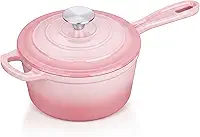 E-far Panela de ferro fundido esmaltado com tampa, panela holandesa de 1 litro, mini panela de molho para cozinhar, ferver, saudável e não tóxica, segura para indução e forno, rosa
