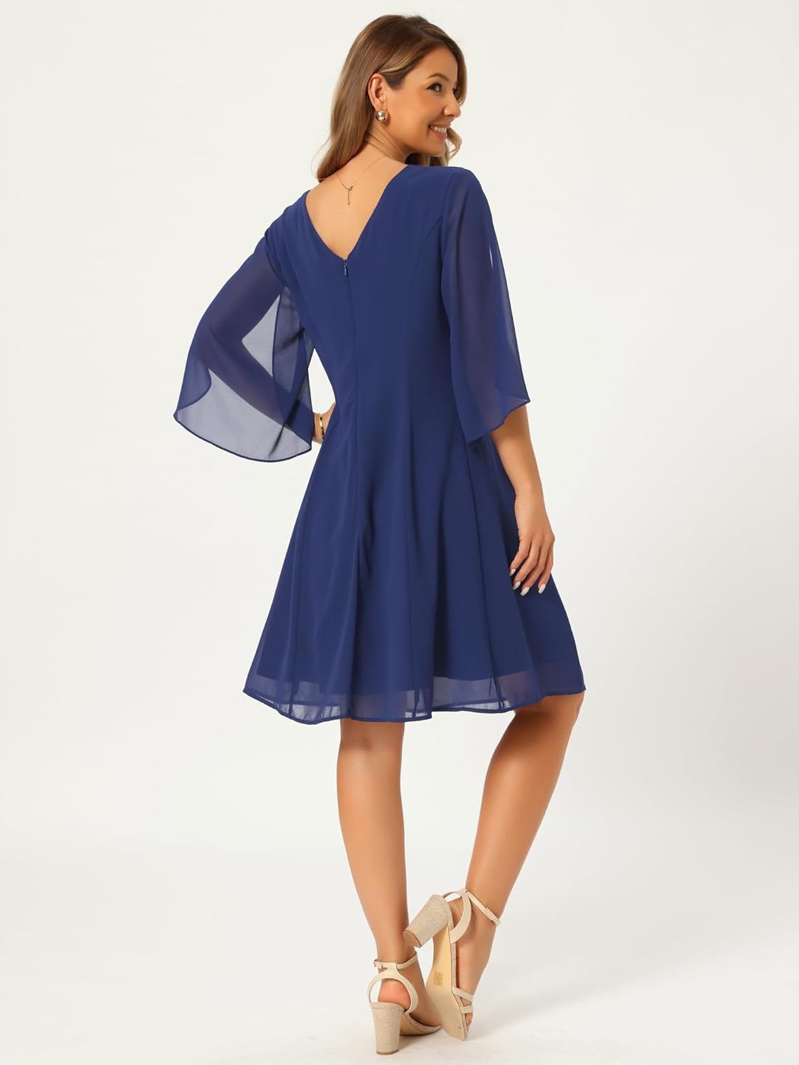 Seta T Women's Chiffon Dresses Flutter 3/4 Sleeve Crewneck Flowy Knee Length Dress Cocktail Party Wedding Outfits - Image 6