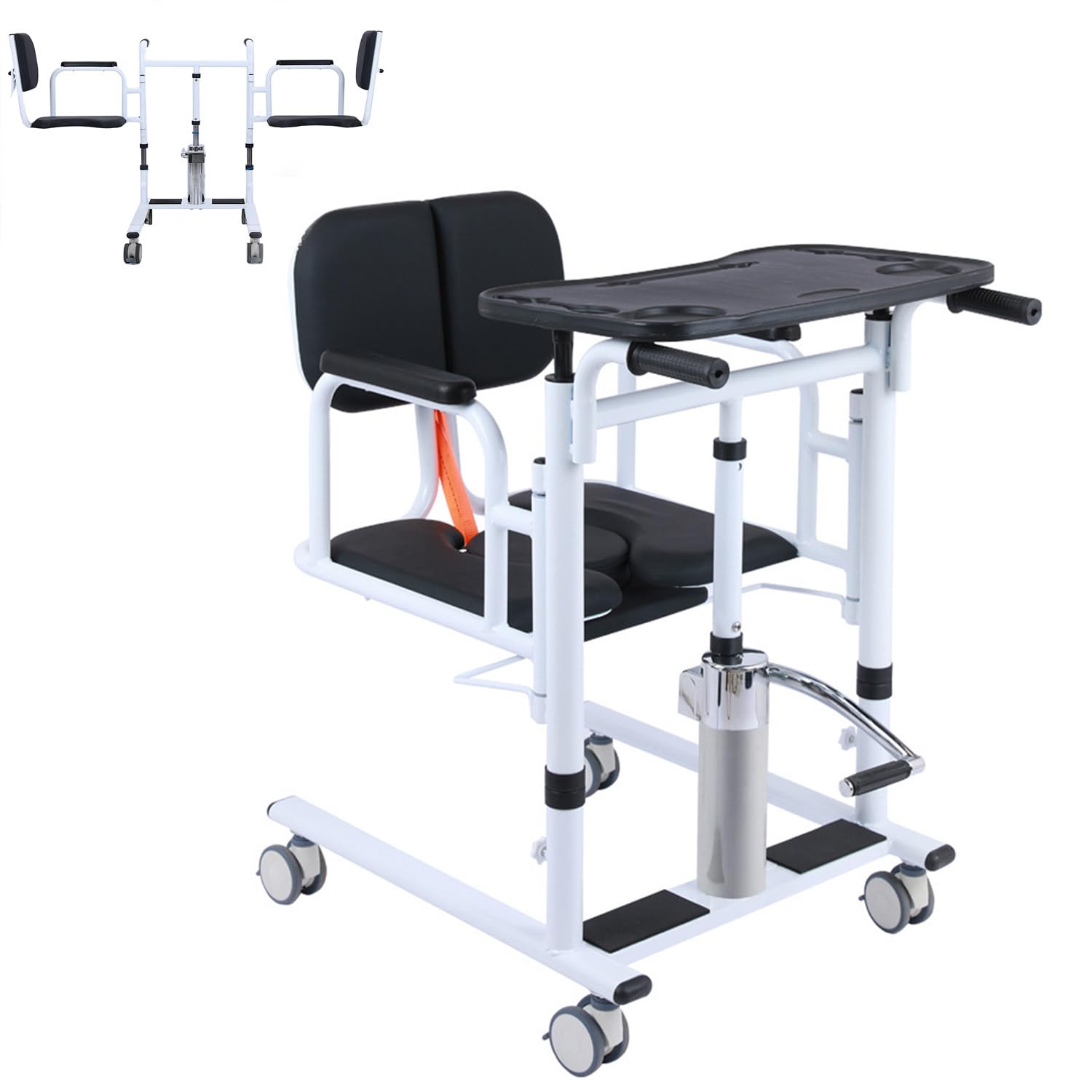 Silla elevadora de transferencia de pacientes, elevador hidráulico para el hogar, silla de ruedas portátil de transporte, cojín de asiento dividido de 180°, altura ajustable