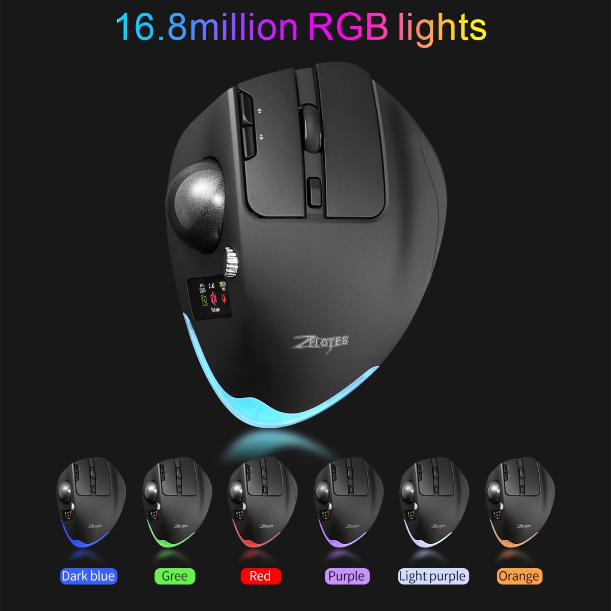 zelotes Kabellose Trackball Maus mit Display,Bluetooth,4800DPI,9 Tasten,Daumenbedienung,Wiederaufladbar, Ergonomische Design,Maus Kabellos Funkmaus für Laptop,PC,Tablets