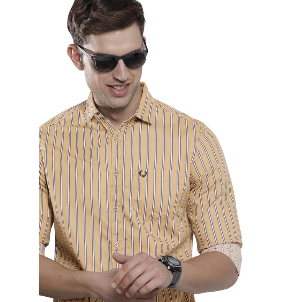 The Indian Garage Co Men’s Cotton Slim Fit Striped Full Sleeves Cutaway Collar Casual Shirt