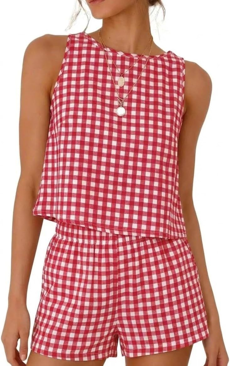 Kinghua Two Piece Sets for Women Spring Summer Beach Crop Gingham Tank Tops and Plaid Shorts Cotton Pajama Sets