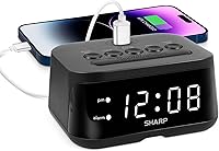 Vista 6 de Sharp Reloj despertador digital con puerto de carga USB-C súper rápido y pantalla LED verde