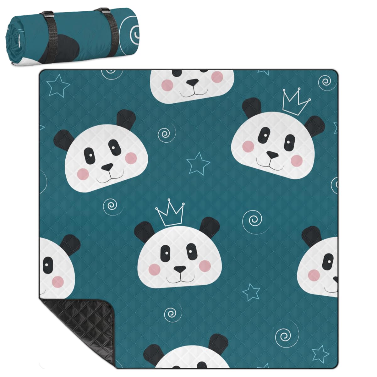 Shimoshe Extra Large Picnic Blankets 79”x 79”, Crown Panda Waterproof Foldable Picnic Mat with Straps Portable Beach Blanket for Camping Park Grass Beach Indoor
