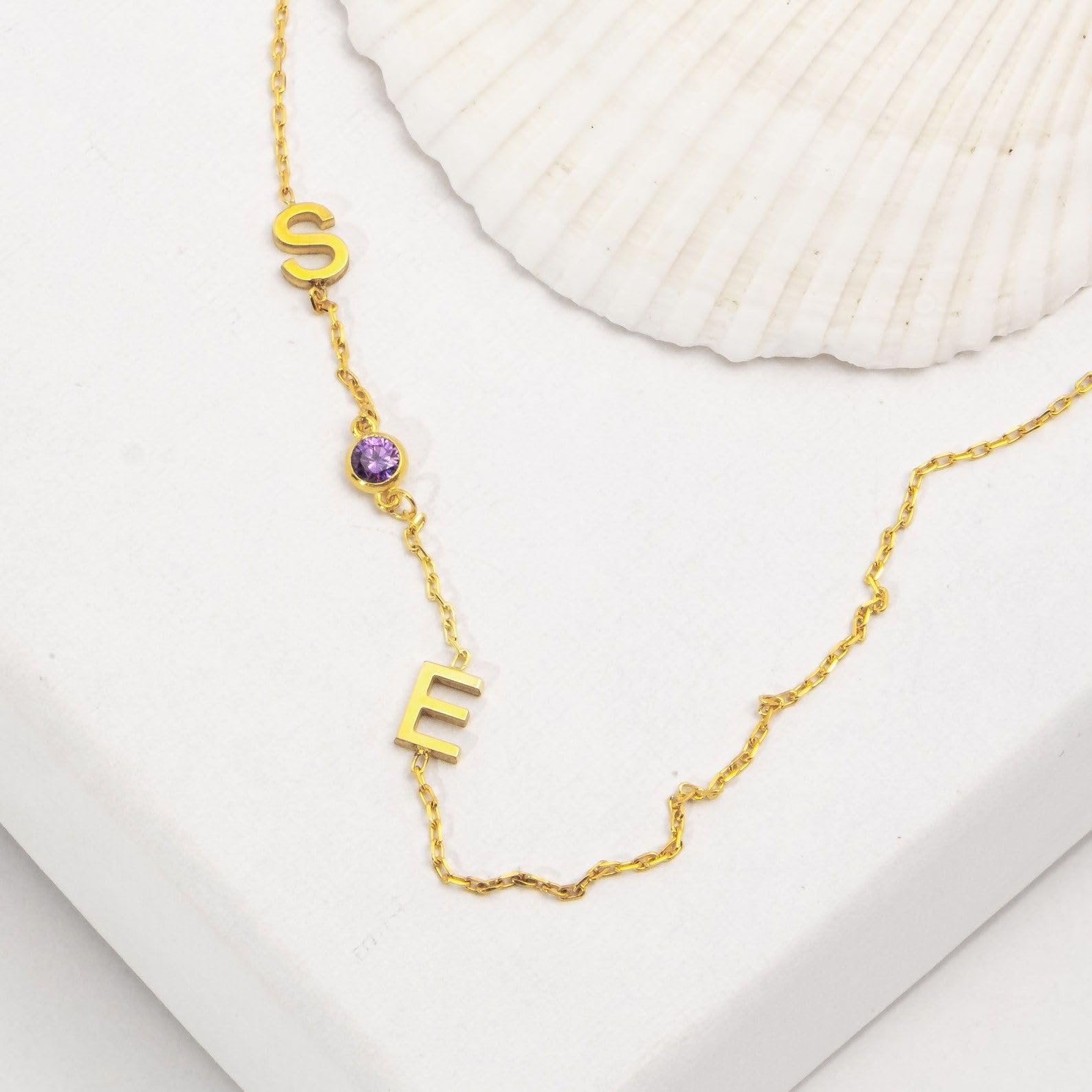 Collana con iniziale, laterale lettera pietra portafortuna compleanno
