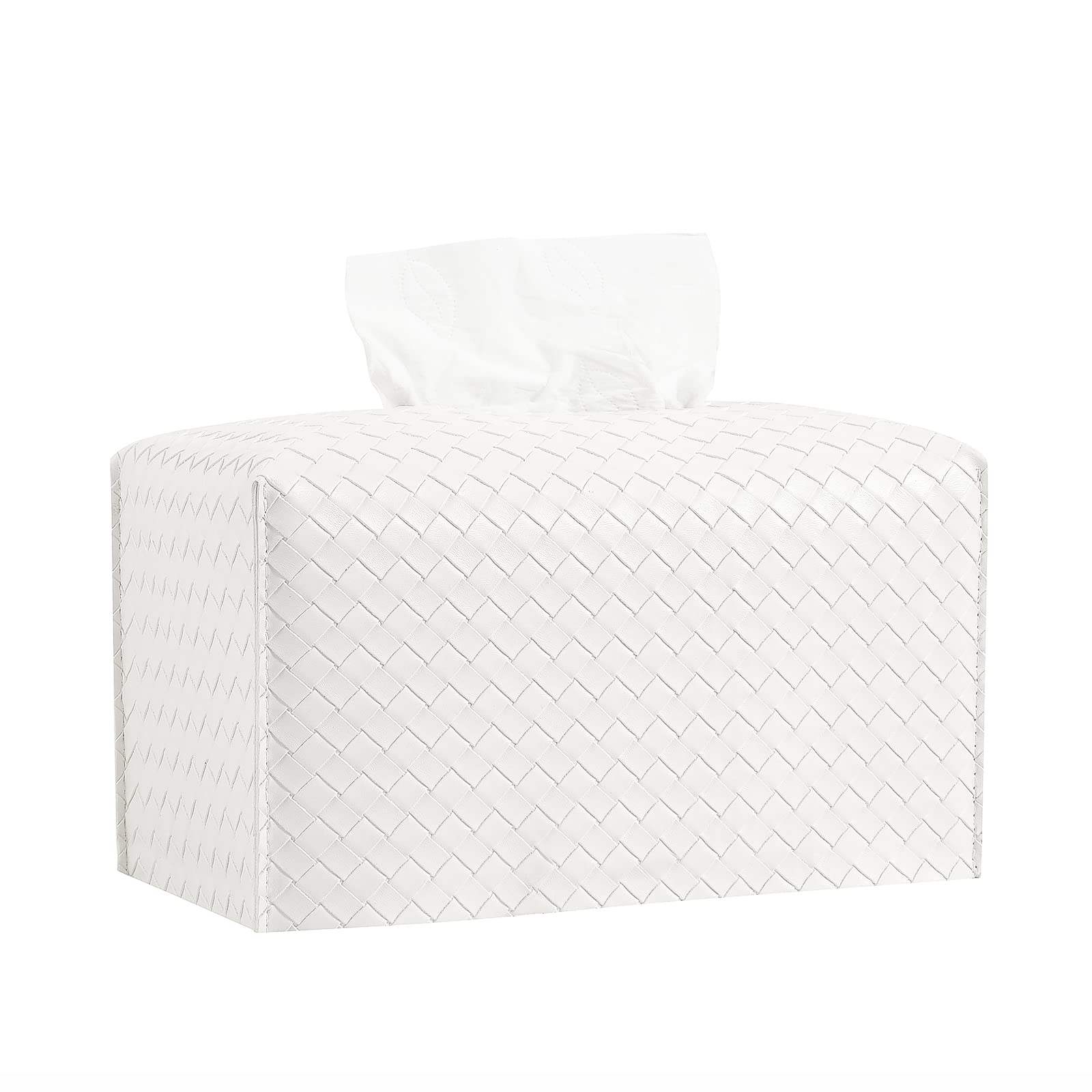 Tissue Box Cover PU Leather Tissue Holder Square Facial Tissue Case Facial Paper Organizer Dispenser for Bathroom, Vanity Countertop, Tabletop, Car, Rectangle, White