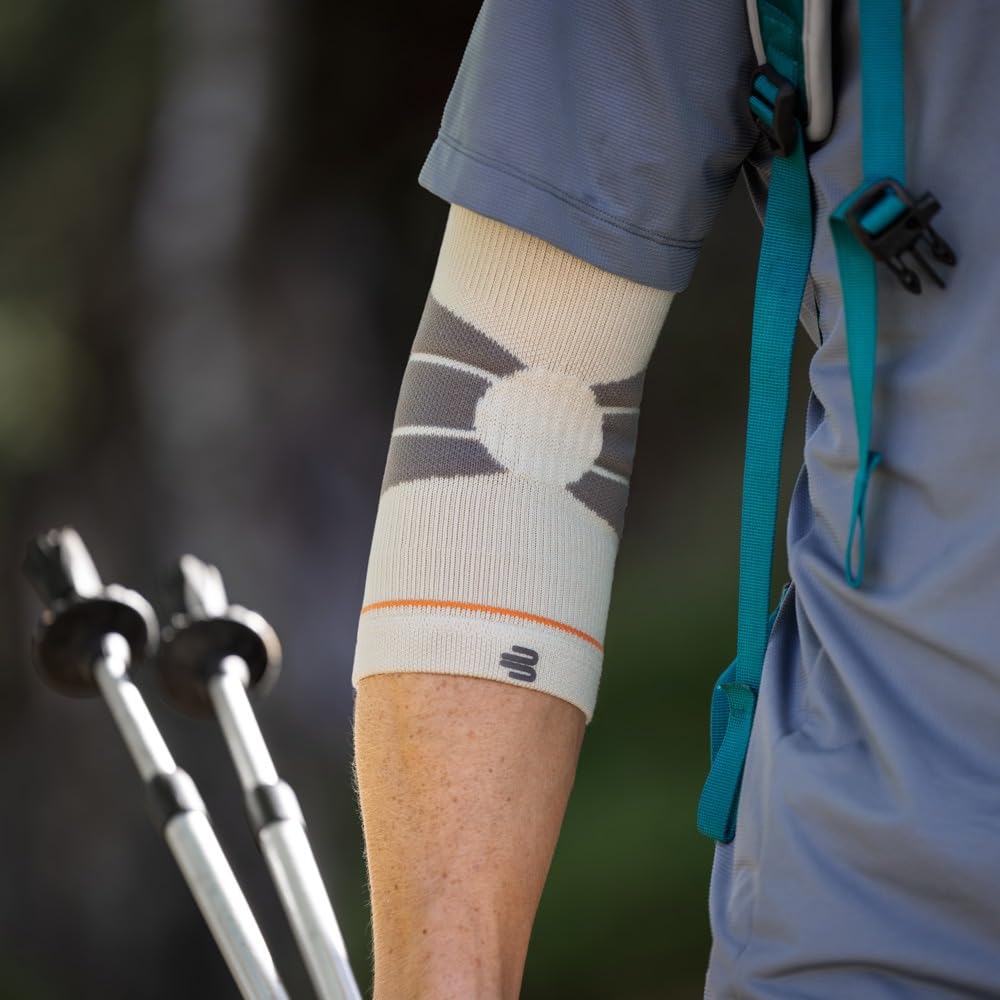 BAUERFEIND Codera de compresión al aire libre, 1 codera unisex con lana de merino, portátil a la derecha e izquierda para practicar deporte o senderismo