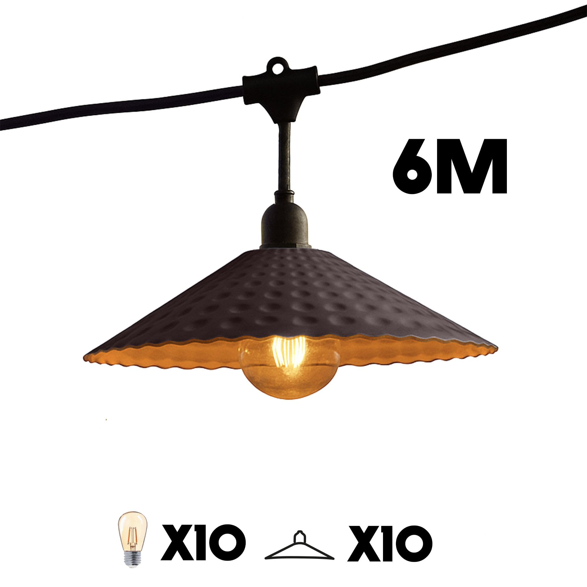 Lumisky VINTY LIGHT Lichterkette für den Außenbereich mit Lampenschirmen aus Stahl im Vintage-Stil, 10 E27-LED-Glühbirnen mit Glühfaden und in warmweiß, 6 m