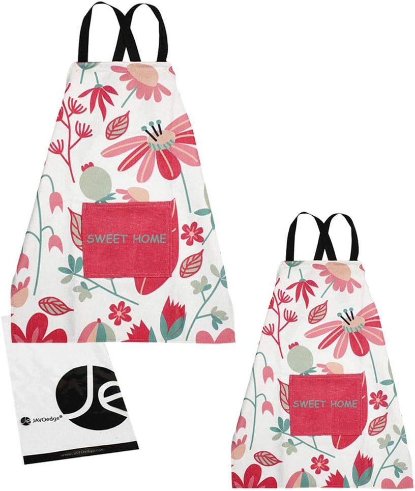 JAVOedge Lovely Mommy and Me Apron Cooking or Baking Apron with Pocket Great Gift For Mother and Daughters Matching Set (Adult + Kids (2-4 YRS OLD), Floral)