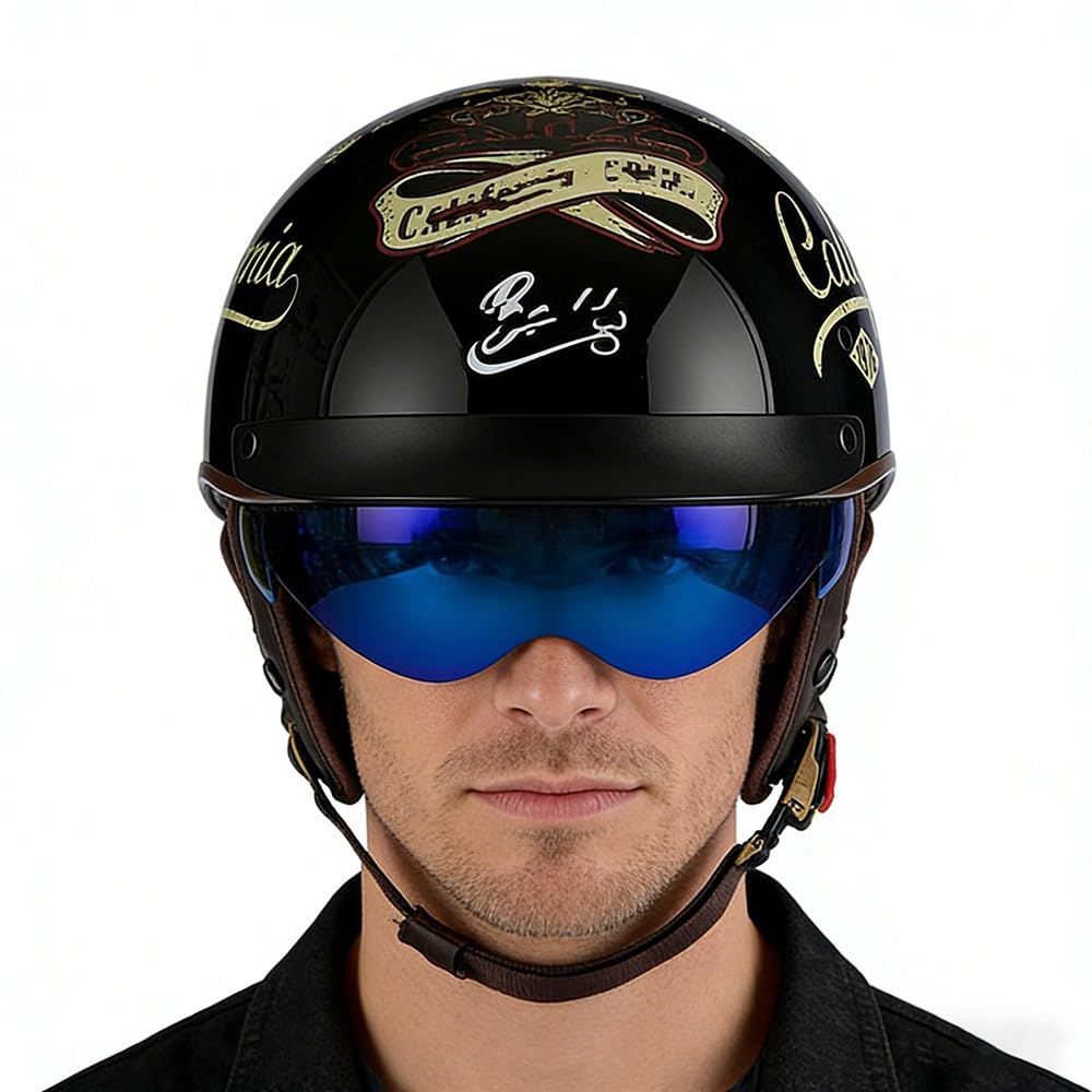 Retro Halbhelm Motorradhelm, DOT/ECE Zertifizierung Motorrad Halbschale Mofa Helm Mit Visier, Jethelm Halbschalenhelm Motorcycl Chopper Scooter Helm Sturzhelm für Herren Damen