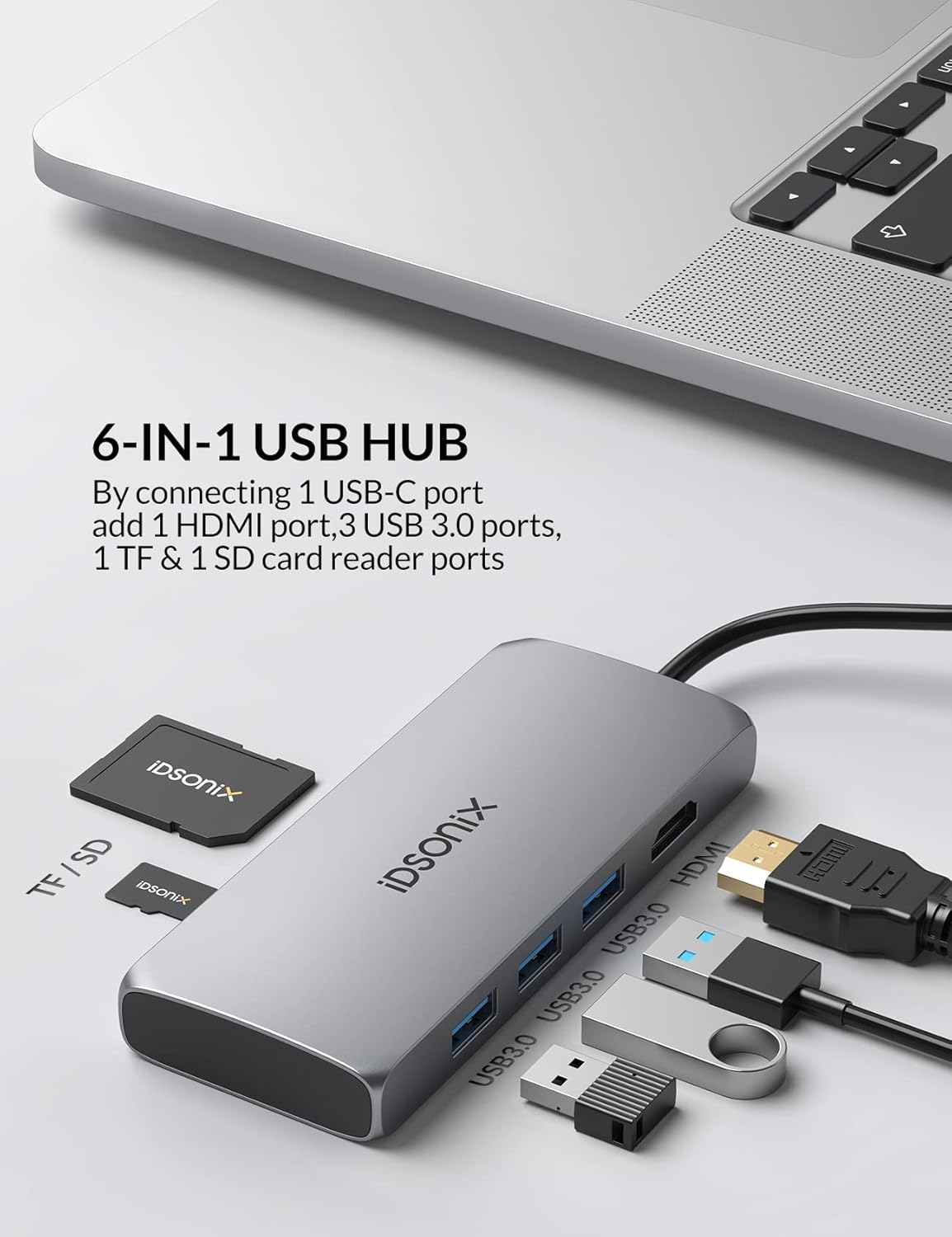 USB C Hub Multiport Adapter, Docking Station 6 in 1 USB-C Hub Adapter [4K HDMI-Compatible Output Port / 3 USB-A Ports/TF/SD Slots] Compatible with MacBook/ChromeBook/Surface Go/USB C Device