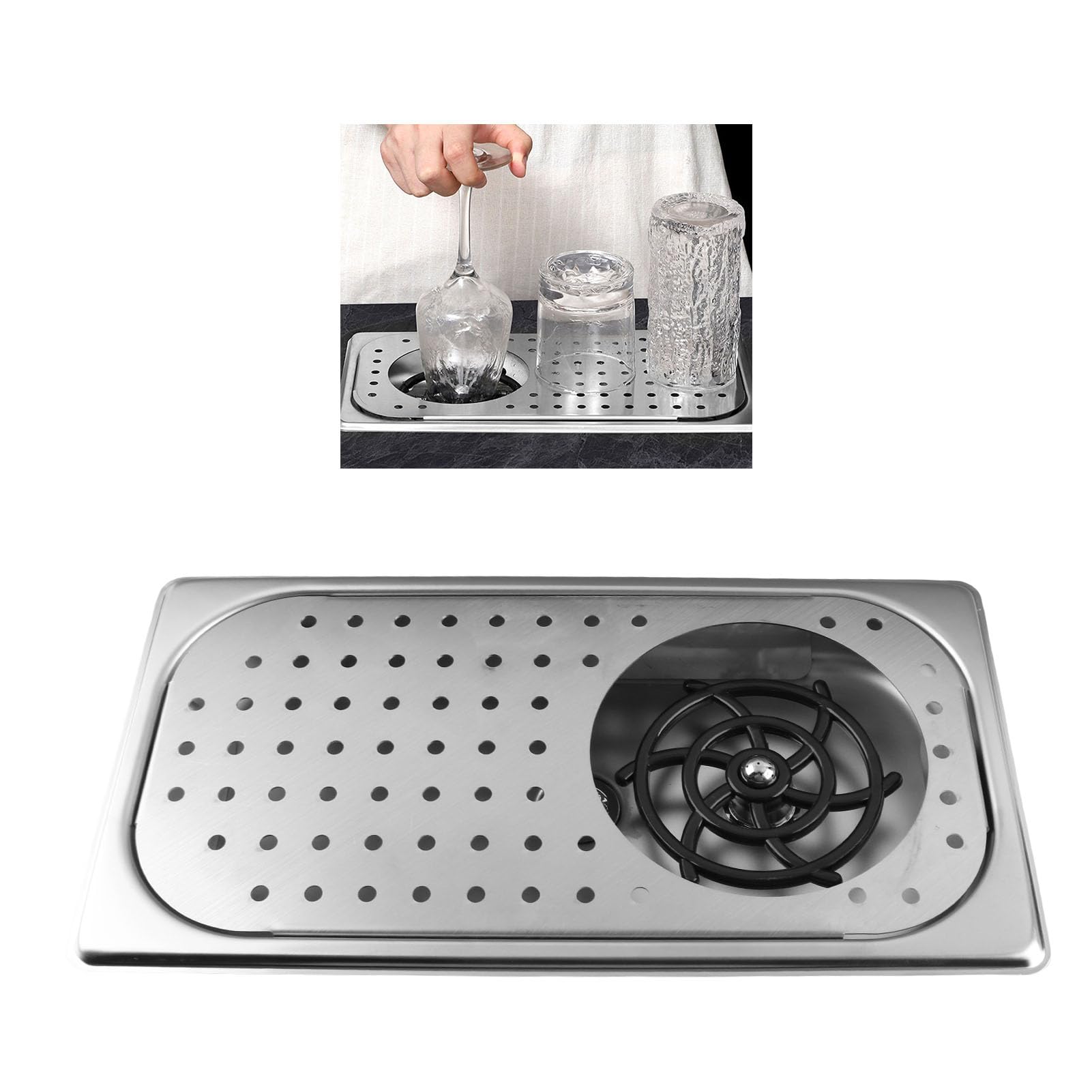 Enjuagadora de Tazas, Bandeja de Drenaje y Goteo Limpieza Automática Eficiente Enjuagadora de Jarras de Acero Inoxidable Multiusos Empotrada para Hotel Cafetería Restaurante (BLACK) (Acero inoxidable)