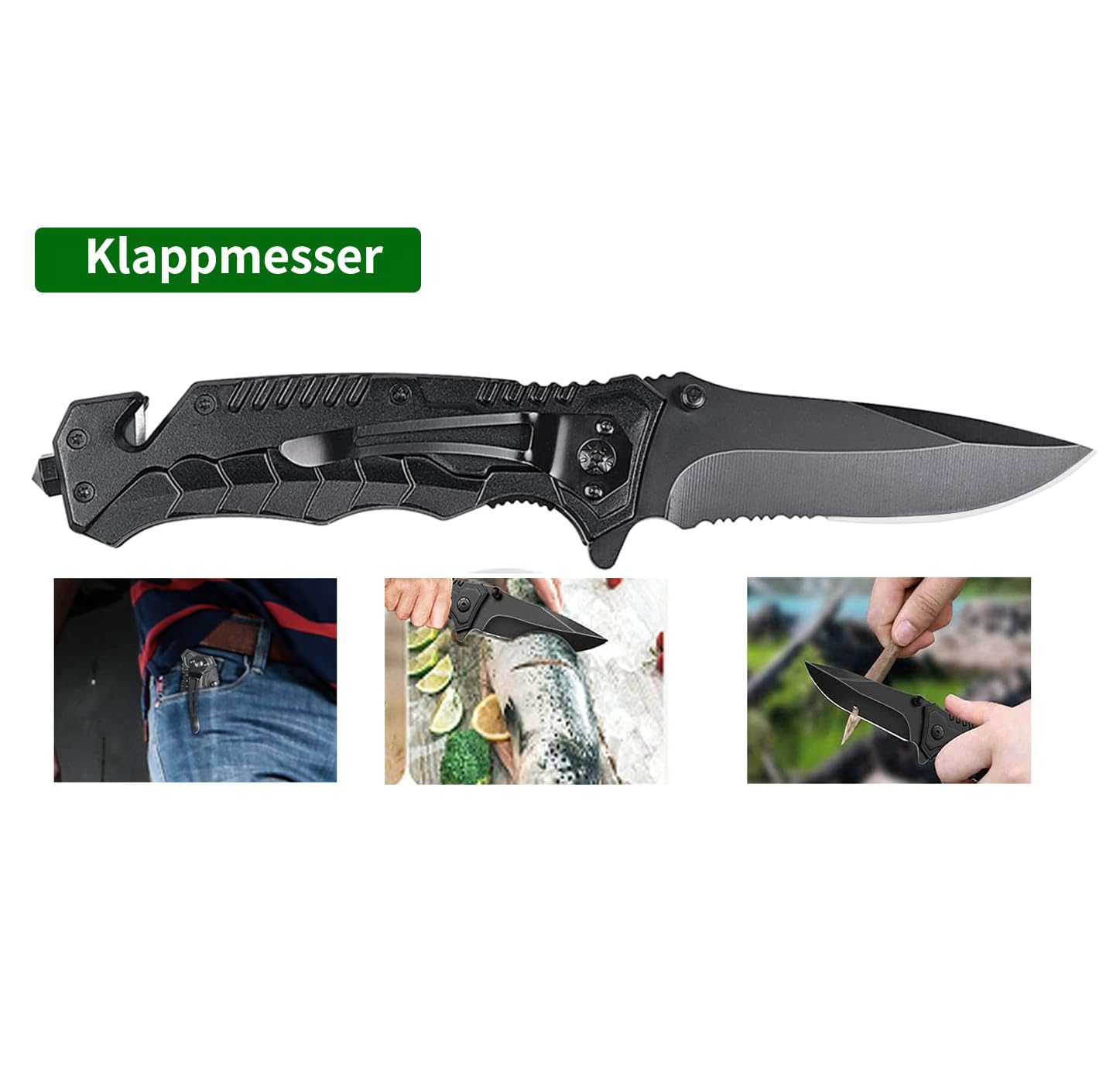 Survival Kit, Outdoor Erste-Hilfe-Set mit Klappmesser, Kompass, Angeln Zubehör für Camping, Bushcraft, Wandern, Bergsteigen, Schwarz